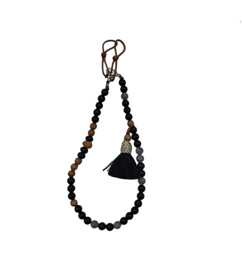Natural Stone Phone Charm Black Beaded Healing Phone Wrist Strap Handmade Cellphone Chain With Tassel