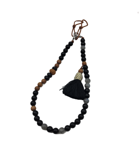 Natural Stone Phone Charm Black Beaded Healing Phone Wrist Strap Handmade Cellphone Chain With Tassel
