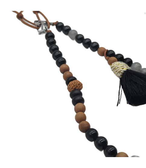 Natural Stone Phone Charm Black Beaded Healing Phone Wrist Strap Handmade Cellphone Chain With Tassel